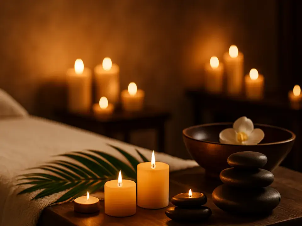 üks spa ortamında masaj masası üzerinde mumlar, sıcak taşlar ve orkide çiçeğiyle hazırlanan şık bir sahne – Pendik Kurtköy Elegance Plus Spa.
