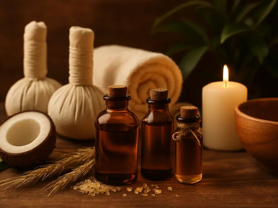 Loş ışıklar altında klasik aroma terapi masajı için hazırlanmış spa odası; beyaz örtülü masaj masası üzerinde siyah taşlar, aromatik yağlar ve orkide çiçeği – Pendik Kurtköy Elegance Plus Spa.