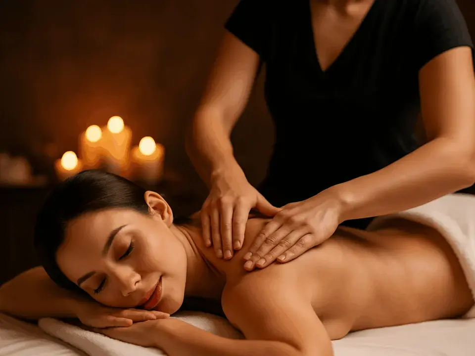 Medikal masaj sırasında sırtına terapi uygulanan kadın, spa ortamında rahatlıyor