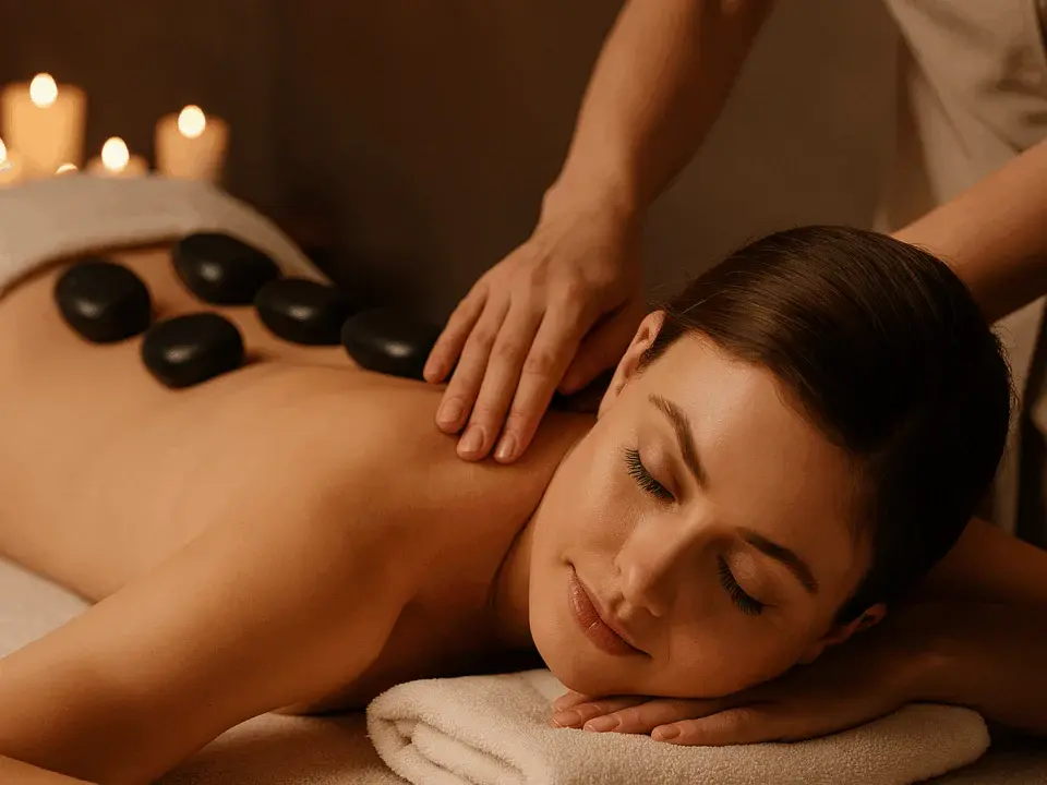 Sıcak taşlarla uygulanan rahatlatıcı masaj sırasında gevşemiş bir kadın