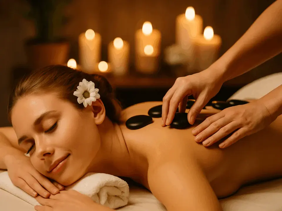 Mix masaj uygulaması sırasında rahatlayan kadın, spa ortamında huzur içinde