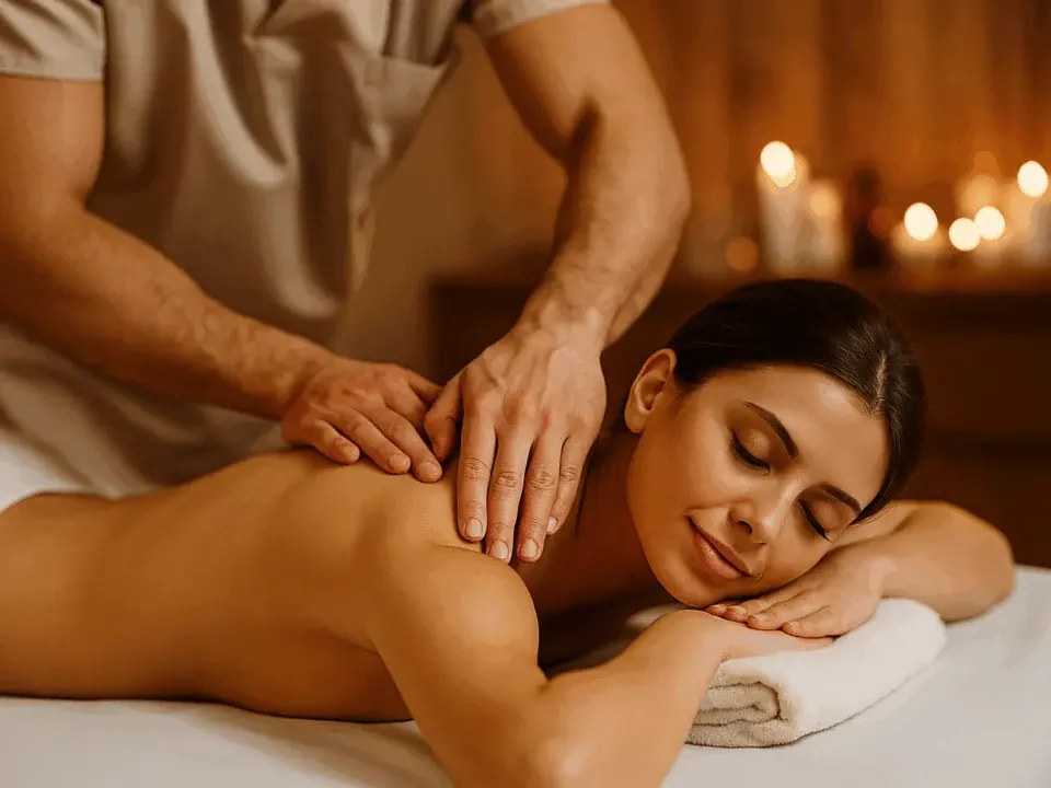 Profesyonel terapist tarafından uygulanan medikal masaj sırasında rahatlayan kadın