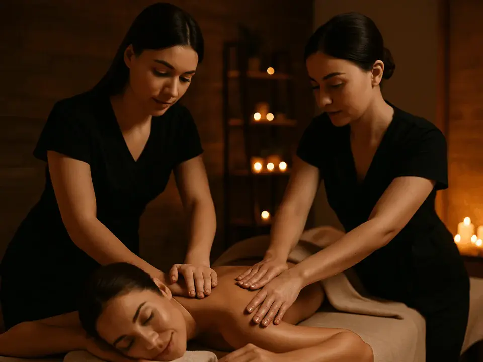 Dört el masajı sırasında iki kadın terapist tarafından eşzamanlı uygulama yapılan kadın danışan, spa ortamında gevşiyor