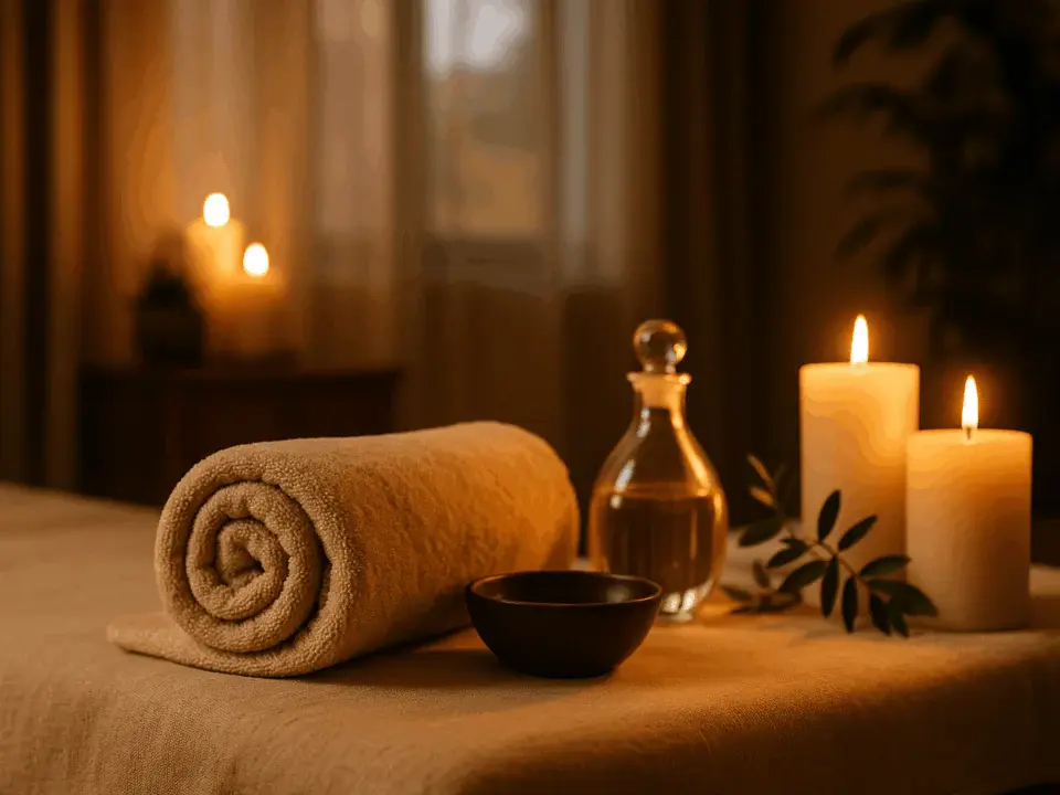 Spa salonunda loş ışıklar ve mumlar eşliğinde hazırlanmış rahatlatıcı bir dinlenme alanı