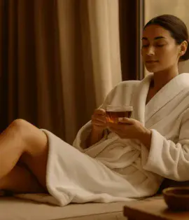 Spa salonunda bornoz giymiş kadın, masaj sonrası dinlenme alanında huzurlu bir an yaşıyor