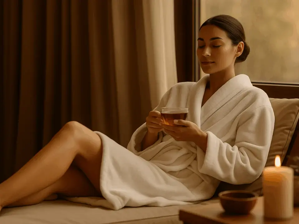 Spa salonunda bornoz giymiş kadın, masaj sonrası dinlenme alanında huzurlu bir an yaşıyor