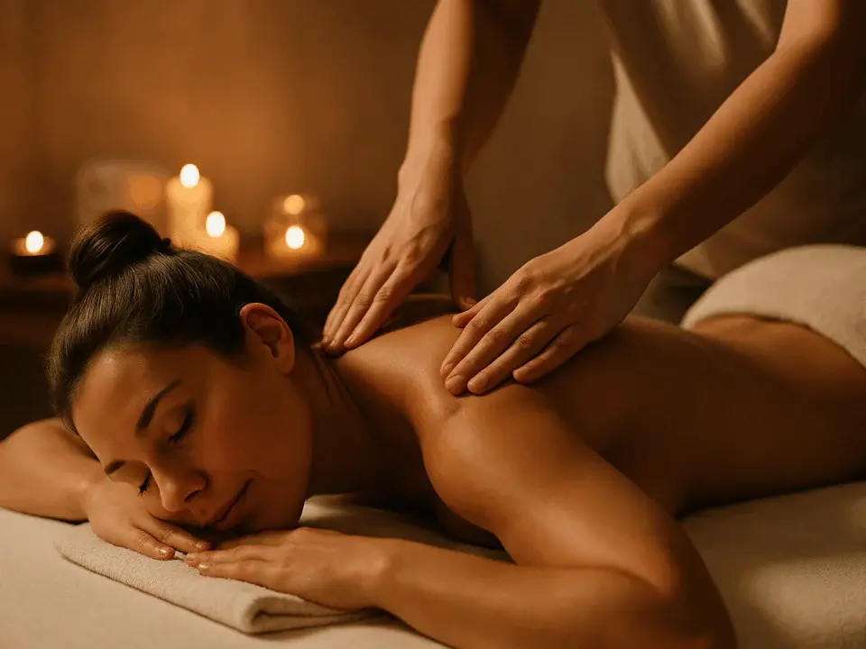 Masaj sırasında gevşemiş kadın ve huzurlu spa ortamı