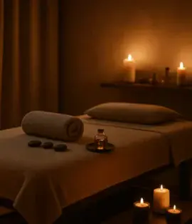 Loş ışıklı spa odasında masaj masası, mum ışığı ve aromaterapi aksesuarları