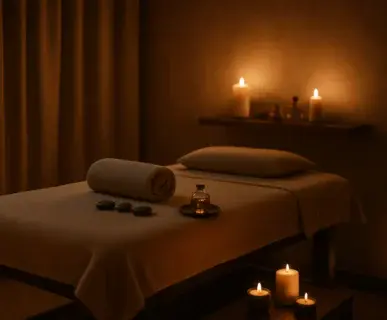 Loş ışıklı spa odasında masaj masası, mum ışığı ve aromaterapi aksesuarları