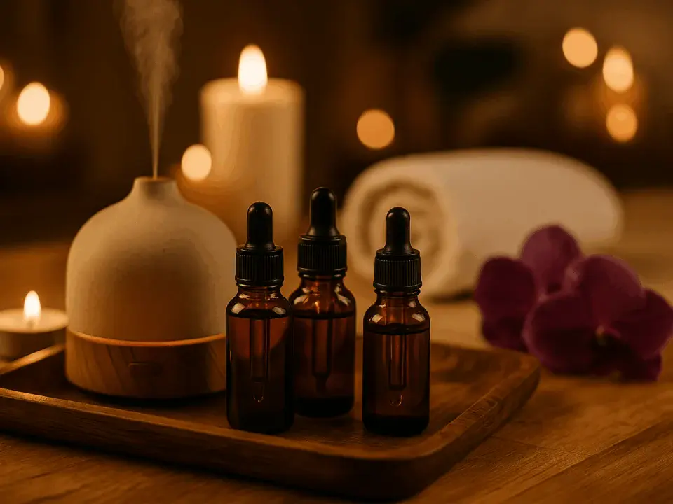 Spa ortamında aromaterapi yağları ve difüzörlerle hazırlanmış huzurlu masaj alanı