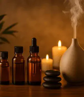 Spa odasında aromaterapi yağları, difüzör ve doğal taşlarla oluşturulmuş estetik bir masaj atmosferi