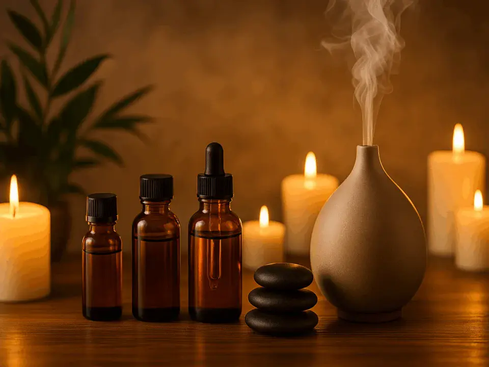 Spa odasında aromaterapi yağları, difüzör ve doğal taşlarla oluşturulmuş estetik bir masaj atmosferi