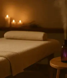 Loş ışıklı spa odasında lavanta yağı, sıcak taşlar ve masaj masasıyla huzurlu bir baş ağrısı masaj ambiyansı
