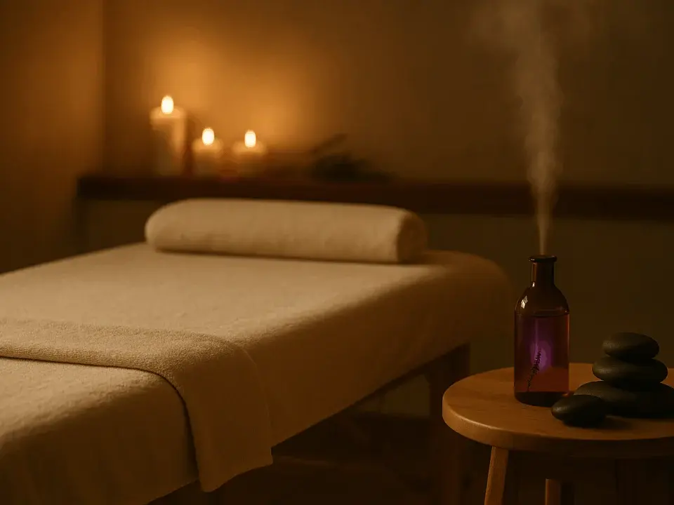 Loş ışıklı spa odasında lavanta yağı, sıcak taşlar ve masaj masasıyla huzurlu bir baş ağrısı masaj ambiyansı