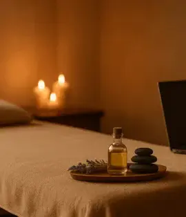 Laptop ve lavanta yağıyla hazırlanmış spa masaj ortamı, bilgisayar sonrası rahatlama konsepti