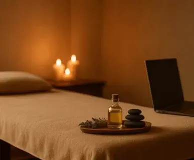 Laptop ve lavanta yağıyla hazırlanmış spa masaj ortamı, bilgisayar sonrası rahatlama konsepti