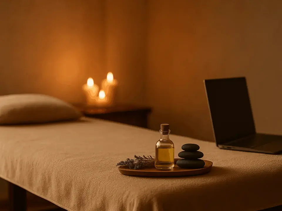 Laptop ve lavanta yağıyla hazırlanmış spa masaj ortamı, bilgisayar sonrası rahatlama konsepti