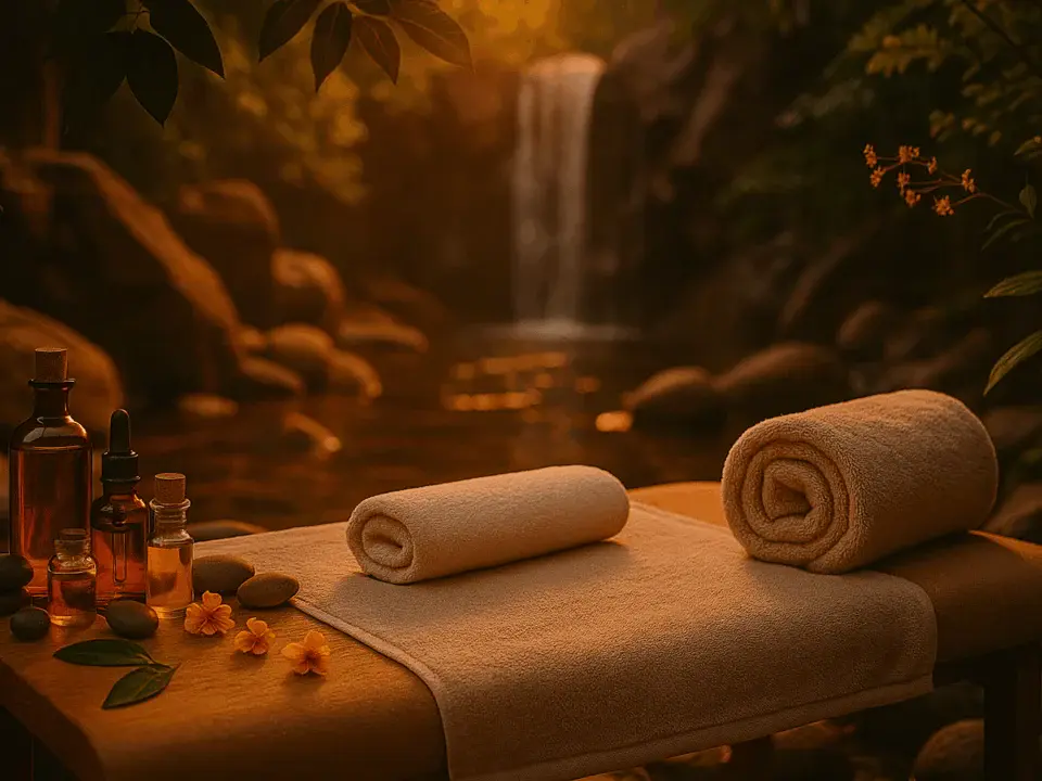 Doğayla iç içe, yaz sıcağında serin bir spa ortamında kurulmuş açık hava masaj alanı