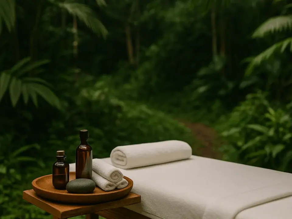 Bitki örtüsüyle çevrili açık hava spa alanında kurulu bir masaj masası