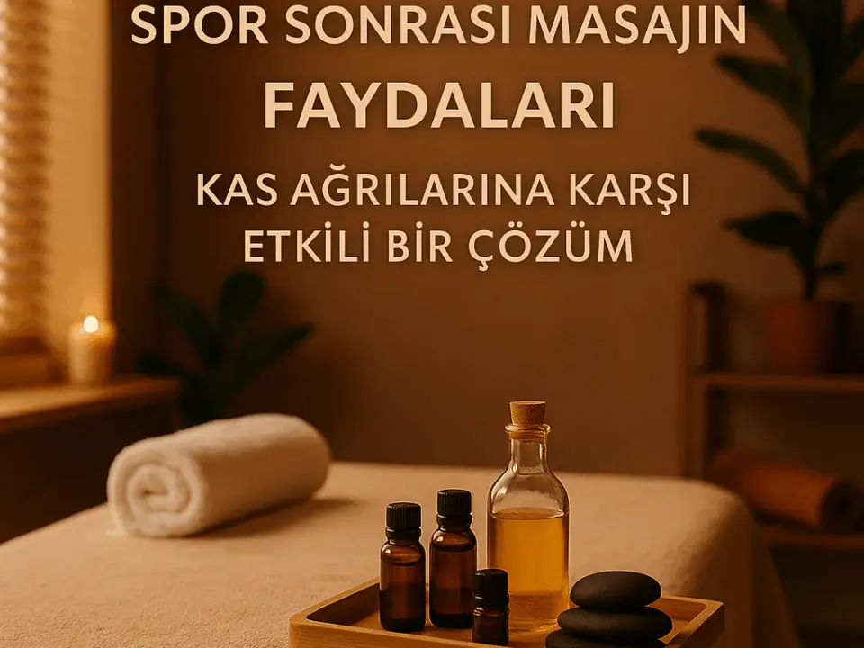 Spor sonrası masaj masası, aromaterapi şişeleri ve rahatlatıcı spa ortamı